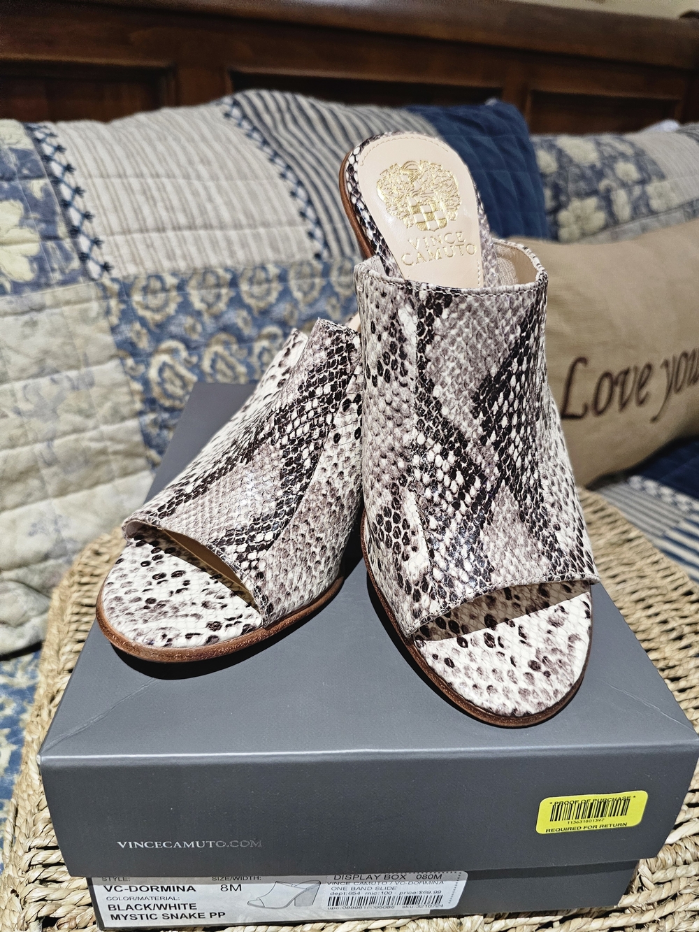 Vince Camuto Black/White Mystic Snake Open-Toe Mules